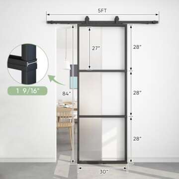 BARNSMITH 30in x 84in Frosted Glass Barn Door with 5FT Top Mounted Hardware kit Include Soft Close Mechanism Black Carbon Steel Tempered Frosted Glass Sliding Door,Assemble Required Easy Installation