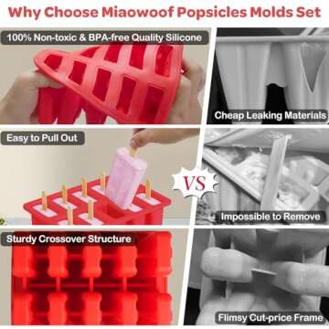 Miaowoof Homemade Popsicle Molds, 10-Cav Non-BPA Silicone Ice Pop Maker, with 50 Sticks, 50 Bags, 10 Reusable Sticks, Funnel, Brush and Ice Pop Recipe (Red)