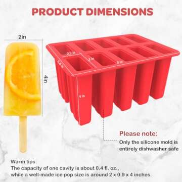 Miaowoof Homemade Popsicle Molds, 10-Cav Non-BPA Silicone Ice Pop Maker, with 50 Sticks, 50 Bags, 10 Reusable Sticks, Funnel, Brush and Ice Pop Recipe (Red)