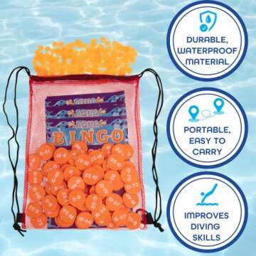 Aqua Pool Bingo Diving Game for Adults & Kids- Swim for & Call 75 Sinking Numbers, Fill Your Card To Win- Includes 200 Marker Chips, 10 Waterproof Play Cards, Fun Birthdays & Summer Parties, Gift