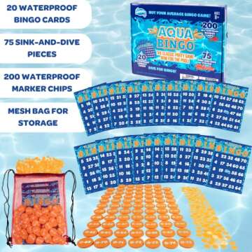 Aqua Pool Bingo Diving Game for Adults & Kids- Swim for & Call 75 Sinking Numbers, Fill Your Card To Win- Includes 200 Marker Chips, 10 Waterproof Play Cards, Fun Birthdays & Summer Parties, Gift