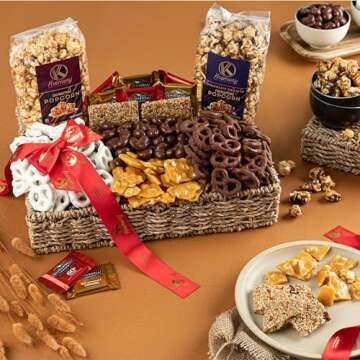 KREMERY Creamy Chocolate Cravings - Holiday Christmas Chocolate Covered Pretzels & Caramel Popcorn Gift Basket in Seagrass Tray + Ribbon Deluxe (3.5 lbs) Xmas Kwanzaa Birthday Sweet Treat Kosher Dairy