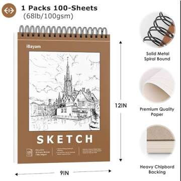 iBayam 9" x 12" Premium Sketch Book Set, 1-Pack Spiral Bound Drawing Paper, 100 Sheets (68lb/100gsm) Sketchbook, Acid-Free Art Drawing Painting Sketching Pad Supplies for Kids, Teens, Adults, Artists