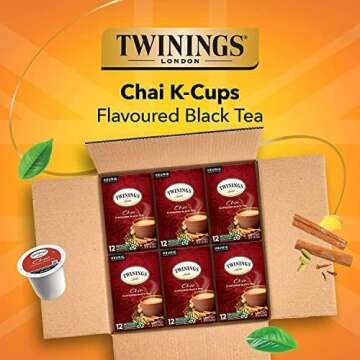 Twinings Chai Black Tea K-Cup Pods for Keurig, 12 Count (Pack of 6), Naturally Sweet, Savoury Spice Flavour, Caffeinated, Enjoy Hot or Iced