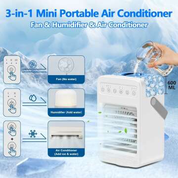 Portable Air Conditioners, 180°Oscillation Mini Air Conditioners, 4 Wind Speed Portable AC, Built-in Ambient Lighti AC Unit, Large Water Tank Air Cooler for Room/Kitchen/Office/Desk