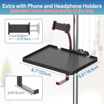 Universal Microphone Stand Tray with Phone Holder, Adjustable Mic Stand Tray Shelf Clamp On Utility Shelf - 8.7" x 6.5" Music Stand Tray Attachment for Music Sheet, Live Streaming, Karaoke, Recording