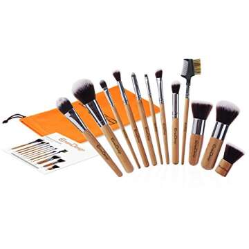 EmaxDesign 12 Pieces Makeup Brush Set Professional Bamboo Handle Premium Synthetic Kabuki Foundation Blending Blush Concealer Eye Face Liquid Powder Cream Cosmetics Brushes Kit With Bag