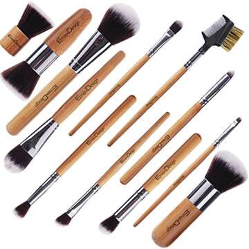 EmaxDesign 12 Pieces Makeup Brush Set Professional Bamboo Handle Premium Synthetic Kabuki Foundation Blending Blush Concealer Eye Face Liquid Powder Cream Cosmetics Brushes Kit With Bag