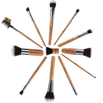 EmaxDesign 12 Pieces Makeup Brush Set Professional Bamboo Handle Premium Synthetic Kabuki Foundation Blending Blush Concealer Eye Face Liquid Powder Cream Cosmetics Brushes Kit With Bag