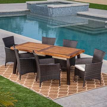 Christopher Knight Home Randy | Outdoor 7-Piece Acacia Wood and Wicker Dining Set with Cushions | Teak Finish | in Multibrown/Beige, Rustic Metal