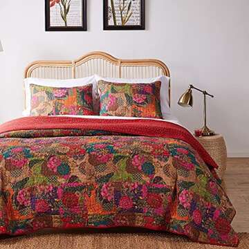 Greenland Home 3-Piece Jewel Quilt Set, King, Multicolor, Red