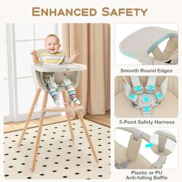 BABY JOY Convertible Baby High Chair, 3 in 1 Wooden Highchair/Booster/Chair with Removable Tray, Adjustable Legs, 5-Point Harness, PU Cushion and Footrest for Baby, Infants, Toddlers (Beige)