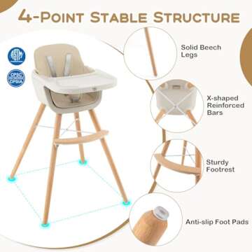 BABY JOY Convertible Baby High Chair, 3 in 1 Wooden Highchair/Booster/Chair with Removable Tray, Adjustable Legs, 5-Point Harness, PU Cushion and Footrest for Baby, Infants, Toddlers (Beige)