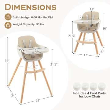 BABY JOY Convertible Baby High Chair, 3 in 1 Wooden Highchair/Booster/Chair with Removable Tray, Adjustable Legs, 5-Point Harness, PU Cushion and Footrest for Baby, Infants, Toddlers (Beige)