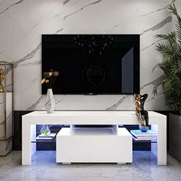 DMAITH TV Stand for 32/40/50/55 Inch TV, Modern LED Gaming Entertainment Center with Large Drawer and Open Shelves, White TV Console Cabinet with LED Lights for Living Room, Bedroom