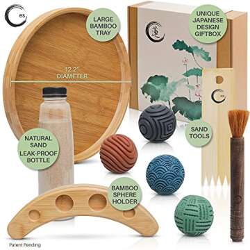 Japanese Zen Garden Kit for Desk - Premium Sand Garden - Mini Zen Décor Office Desktop Accessories - Bamboo Crafted Meditation Therapy Tray - Gift Set - 4 Stamp Spheres Natural Rake Custom Holder