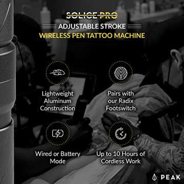 Peak Solice Pro Cordless Tattoo Machine Pen, Professional Lightweight Equipment for Tattooing, Fully Adjustable Stroke, Up To 10 Hours of Power, Pro Tattoo Supplies for Artists, Black