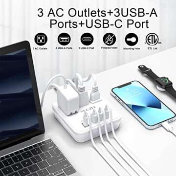 Cruise Essentials: 6 Ft Power Strip with 3 Outlets & 4 USB Ports