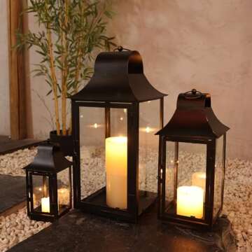 DECORKEY 3Pack Lanterns Decorative Outdoor & Indoor, Large Square Lanterns Decorative for Front Porch, Metal Frame Candle Holders with Glass, Vintage Patio, Pathway, Balcony, Garden, Yard Decor