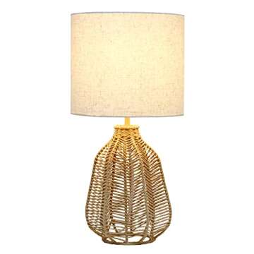 Elegant Designs LT2106-NAT 21" Tall Boho Coastal Inspired Rustic Paper Rope Rattan Wicker Look Standard Table Desk Nightstand Lamp with Light Beige Fabric Linen Shade, Natural