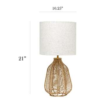 Elegant Designs LT2106-NAT 21" Tall Boho Coastal Inspired Rustic Paper Rope Rattan Wicker Look Standard Table Desk Nightstand Lamp with Light Beige Fabric Linen Shade, Natural