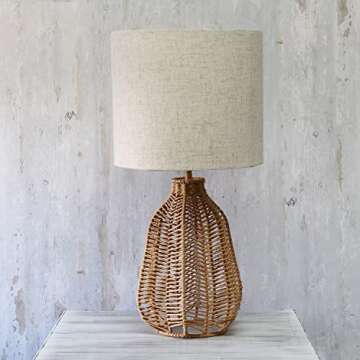 Elegant Designs LT2106-NAT 21" Tall Boho Coastal Inspired Rustic Paper Rope Rattan Wicker Look Standard Table Desk Nightstand Lamp with Light Beige Fabric Linen Shade, Natural