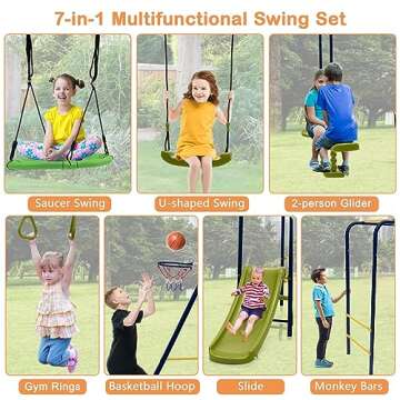 HONEY JOY Swing Set, 660lbs 7-in-1 Heavy Duty Swingset Outdoor for Kids w/A-Frame Metal Swing Stand, 2 Swings, Glider, Gym Rings, Slide, Monkey Bar, Basketball Hoop, Swing Sets for Backyard