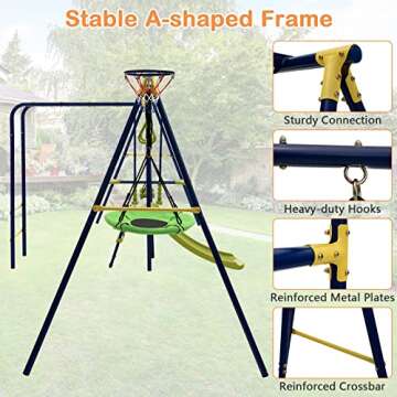 HONEY JOY Swing Set, 660lbs 7-in-1 Heavy Duty Swingset Outdoor for Kids w/A-Frame Metal Swing Stand, 2 Swings, Glider, Gym Rings, Slide, Monkey Bar, Basketball Hoop, Swing Sets for Backyard