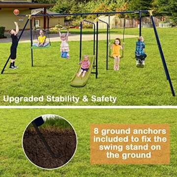 HONEY JOY Swing Set, 660lbs 7-in-1 Heavy Duty Swingset Outdoor for Kids w/A-Frame Metal Swing Stand, 2 Swings, Glider, Gym Rings, Slide, Monkey Bar, Basketball Hoop, Swing Sets for Backyard