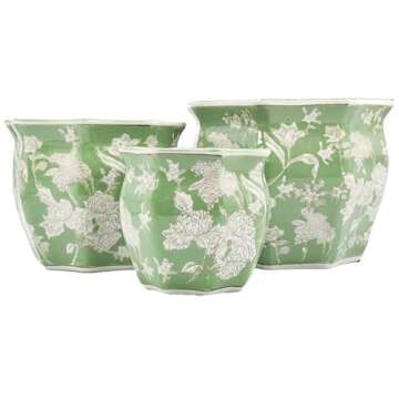 Galt International Green & White Round Fluted Floral Porcelain Ceramic Plant Flower Planter Pot Set of 3 (7.5", 10", 13") Garden Pots Chinese Asian Design