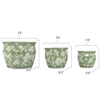 Galt International Green & White Round Fluted Floral Porcelain Ceramic Plant Flower Planter Pot Set of 3 (7.5", 10", 13") Garden Pots Chinese Asian Design