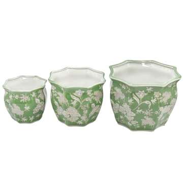 Galt International Green & White Round Fluted Floral Porcelain Ceramic Plant Flower Planter Pot Set of 3 (7.5", 10", 13") Garden Pots Chinese Asian Design