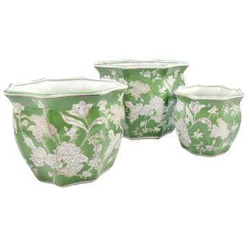 Galt International Green & White Round Fluted Floral Porcelain Ceramic Plant Flower Planter Pot Set of 3 (7.5", 10", 13") Garden Pots Chinese Asian Design