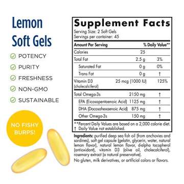 Nordic Naturals ProOmega 2000-D, Lemon Flavor - 90 Soft Gels - 2150 mg Omega-3 + 1000 IU D3 - Ultra High-Potency Fish Oil - EPA & DHA - Brain, Heart, Joint, & Immune Health - Non-GMO - 45 Servings