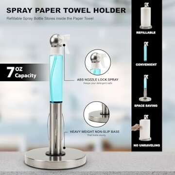 Everyday Solutions Paper Towel Holder with 7oz Spray Bottle - Aesthetic Kitchen Countertop Sprayer with Paper Towel Holder and Hidden Spray Bottle - Nozzle Snap-Lock Spray - Rust-Resistant Steel Base