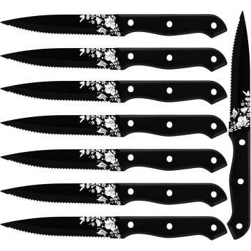 Stapava Steak Knives Set of 8, Stainless Steel Steak Knife Set Black, Sharp Serrated Dinner Knives Matte with Laser Pattern for Kitchen Restaurant Picnic Barbecue, Dishwasher Safe