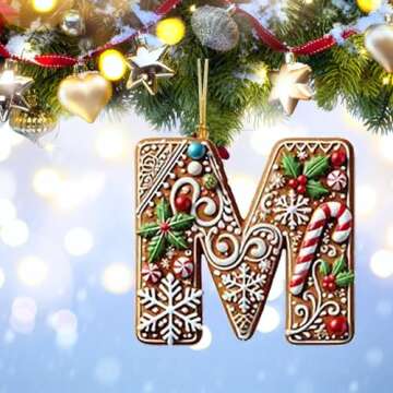 26 Gingerbread Alphabet Ornaments for Christmas Tree Candy Cane Initial Letter M Pendant with Berries Pattern Mini Monogram Hanging Decorations for Party Gifts DIY Decor