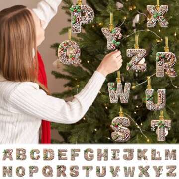 26 Gingerbread Alphabet Ornaments for Christmas Tree Candy Cane Initial Letter M Pendant with Berries Pattern Mini Monogram Hanging Decorations for Party Gifts DIY Decor