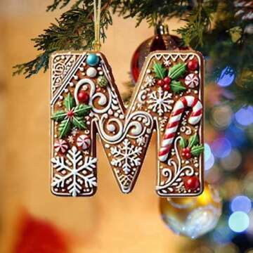 26 Gingerbread Alphabet Ornaments for Christmas Tree Candy Cane Initial Letter M Pendant with Berries Pattern Mini Monogram Hanging Decorations for Party Gifts DIY Decor