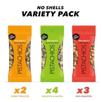 Wonderful Pistachios No Shells, 3 Flavors Mixed Variety Pack of 9 (0.75 Ounce), Roasted & Salted Nuts (4), Chili Roasted (3), Honey Roasted (2), Protein Snacks, Stocking Stuffers , Individually Wrapped Healthy Snacks