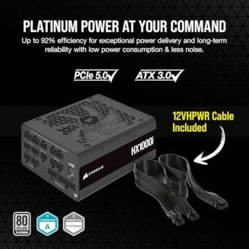 Corsair HX1000i Fully Modular Ultra-Low Noise ATX Power Supply - ATX 3.0 & PCIe 5.0 Compliant - Fluid Dynamic Bearing Fan- 80 Plus Platinum Efficiency - Black (Renewed)