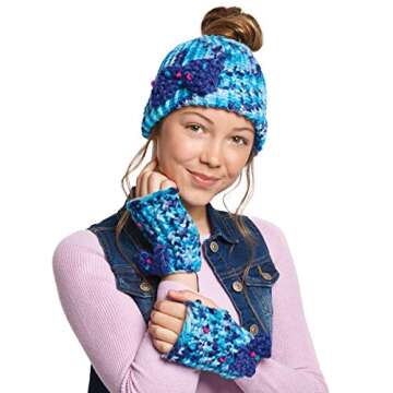 Make It Real - Knitting: Beanie Bun and Gloves. DIY Arts and Crafts Kit Guides Kids to Crochet a Beanie and Fingerless Gloves with Acrylic Yarn