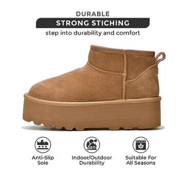 Project Cloud 100% Genuine Suede Leather Ankle Boots for Women - Fur Boots Memory Foam Womens Boots - Anti-Slip Mini Platform Boots, Lightweight Winter Boots for Women Snow Boots (Huggy,Chestnut,5.5)