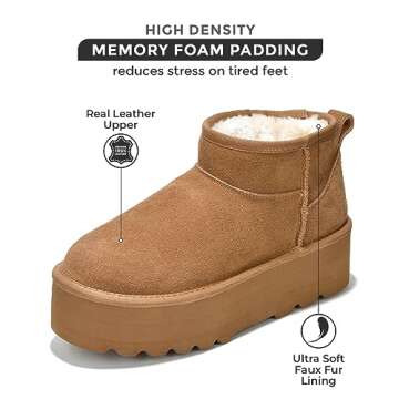 Project Cloud 100% Genuine Suede Leather Ankle Boots for Women - Fur Boots Memory Foam Womens Boots - Anti-Slip Mini Platform Boots, Lightweight Winter Boots for Women Snow Boots (Huggy,Chestnut,5.5)