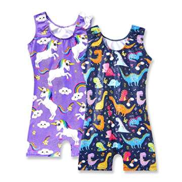 Nymphperi Gymnastics Leotards for Girls 2 Pack Size 5-6 Years Old Sparkly Colorful Dinosaur Biketard with Shorts Shiny Classic Unicorn Swimsuit for Children Birthday Gift