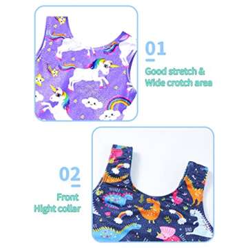 Nymphperi Gymnastics Leotards for Girls 2 Pack Size 5-6 Years Old Sparkly Colorful Dinosaur Biketard with Shorts Shiny Classic Unicorn Swimsuit for Children Birthday Gift