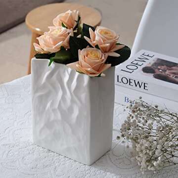 Levvohd White Crinkle Paper Bag Ceramic Vase, Unique Square Wide Mouth Pleated Big Vases, Aesthetic Minimalist Boho Vase for Modern Trendy Home Dining Room Table Centerpiece Decor (L5.5 in X H7.5 in)