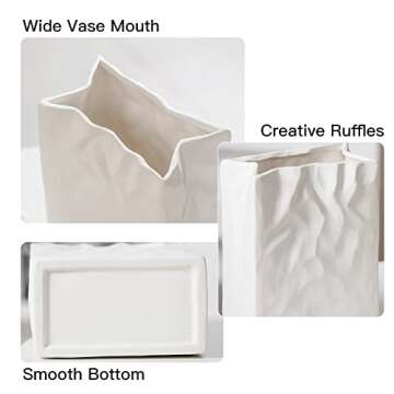 Levvohd White Crinkle Paper Bag Ceramic Vase, Unique Square Wide Mouth Pleated Big Vases, Aesthetic Minimalist Boho Vase for Modern Trendy Home Dining Room Table Centerpiece Decor (L5.5 in X H7.5 in)