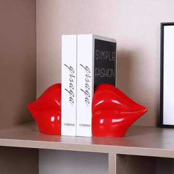 ZXFINTV Red Lips Decorated Bookends，Set of 2 Heavy Decorative Book Stoppers，Unique Resin Decoration，Creative Desktop Red Decor for Study Room Hotel Office Shelves