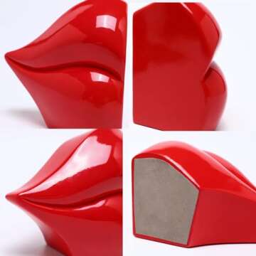 ZXFINTV Red Lips Decorated Bookends，Set of 2 Heavy Decorative Book Stoppers，Unique Resin Decoration，Creative Desktop Red Decor for Study Room Hotel Office Shelves